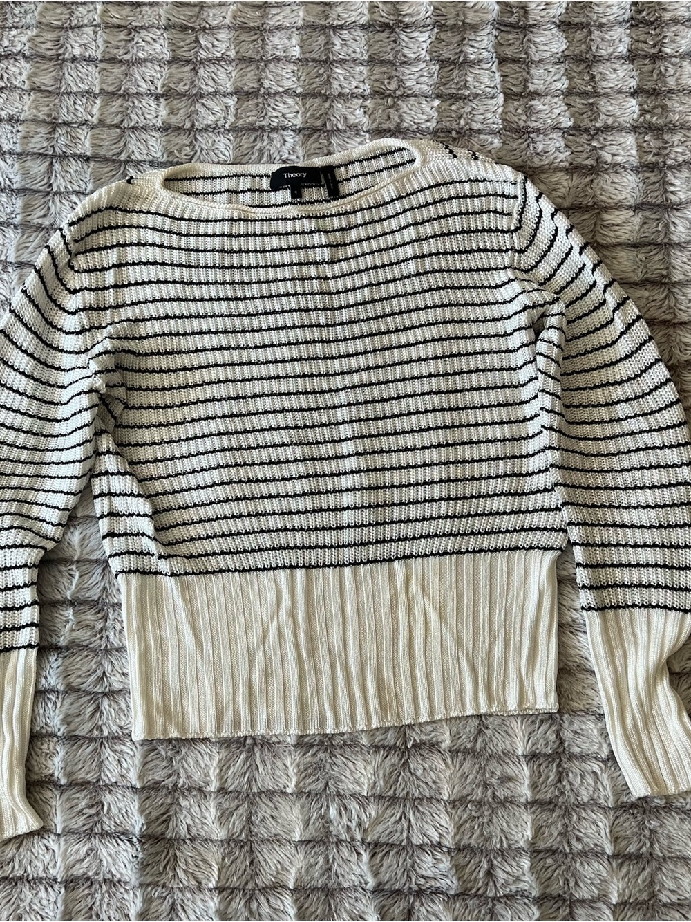Theory Cream and Black Striped Crewneck Sweater